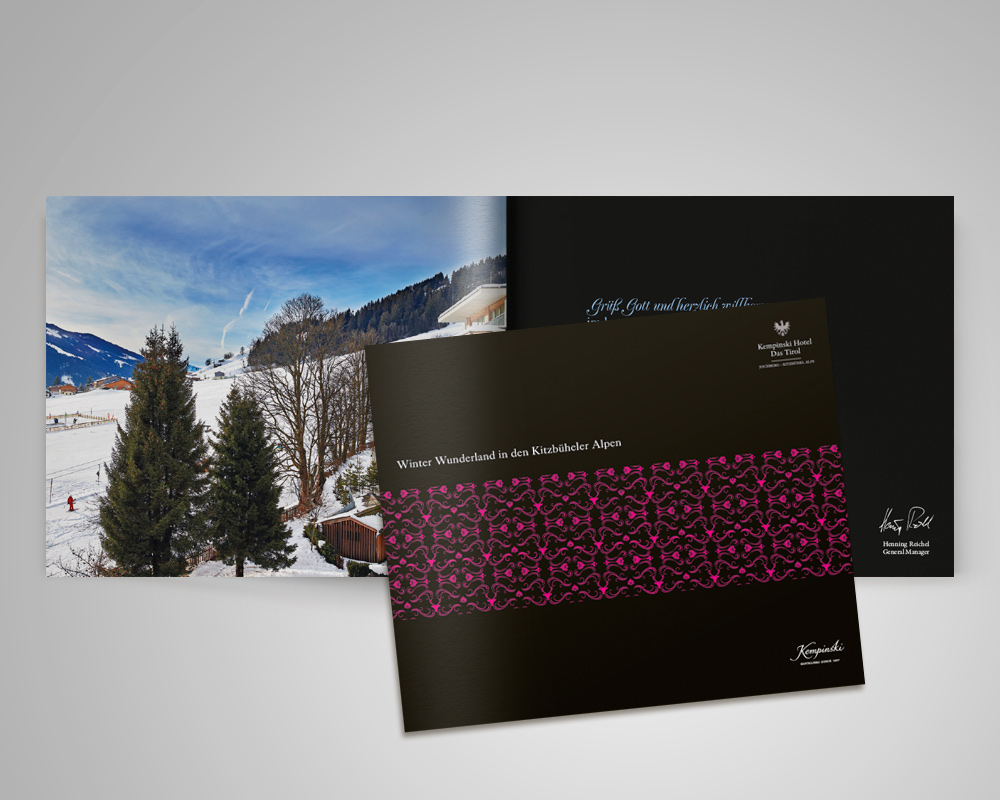 Design Broschüre Kempinski Winterfolder, Referenz Werbeagentur Ramses, Salzburg, Printmedium, Print, Marketing, klasssisches Marketing, Werbung