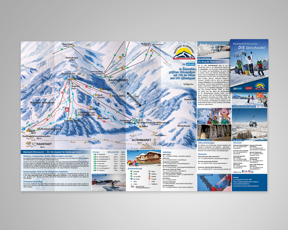 Zauchensee Skiinfofolder, Salzburg, Referenz Werbeagentur Ramses, Marketing, Printmedium, Folder, Print, Grafik, Werbung, Skifahren, Berge, Winter