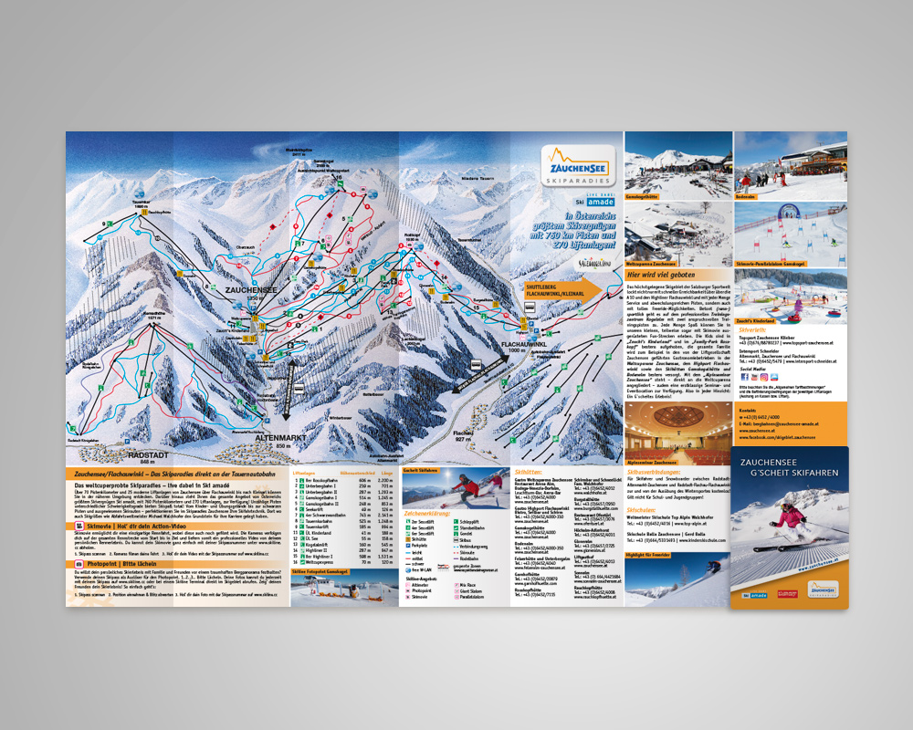 Zauchensee Skiinfofolder, Salzburg, Referenz Werbeagentur Ramses, Marketing, Printmedium, Folder, Print, Grafik, Werbung, Skifahren, Berge, Winter